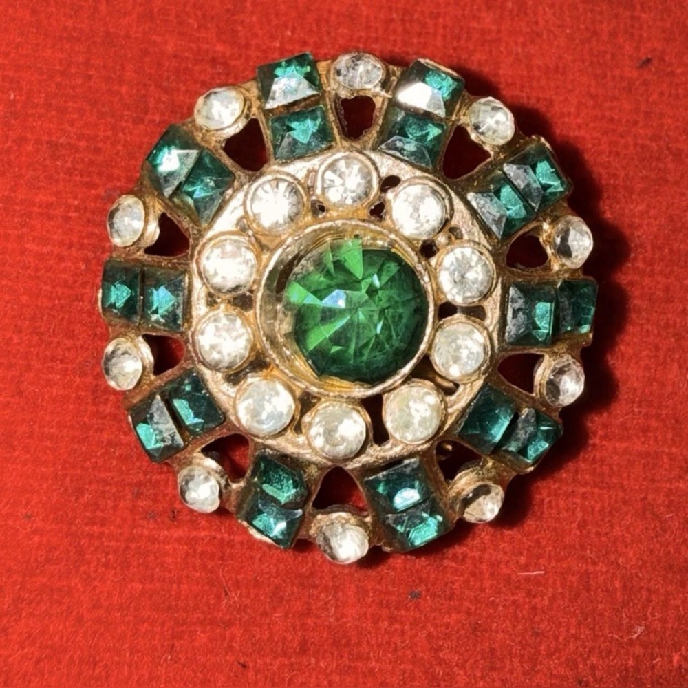 Green Rhinestone Rosette  Gold Tone Mid Century Estate Jewelry Art Deco Style